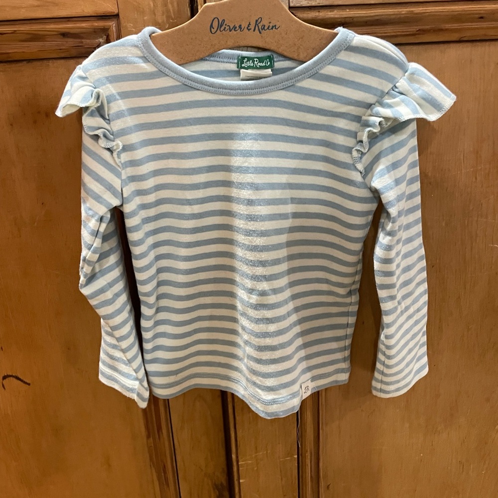 Blue and White Long Sleeve Tee with Ruffle Details